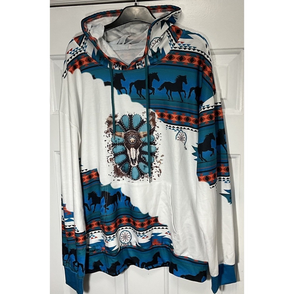 Native American Design Aztec Print Pullover Hooded/Sweatshirt Horses Men's XL